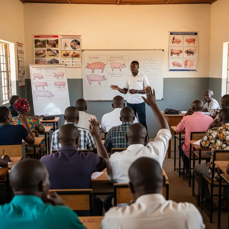 Session de formation à l’élevage porcin dans une salle de classe en Afrique
